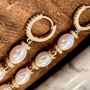Long Gold Dangle Earrings White Pearls on Huggie Hoops-Like new! Great Gift!